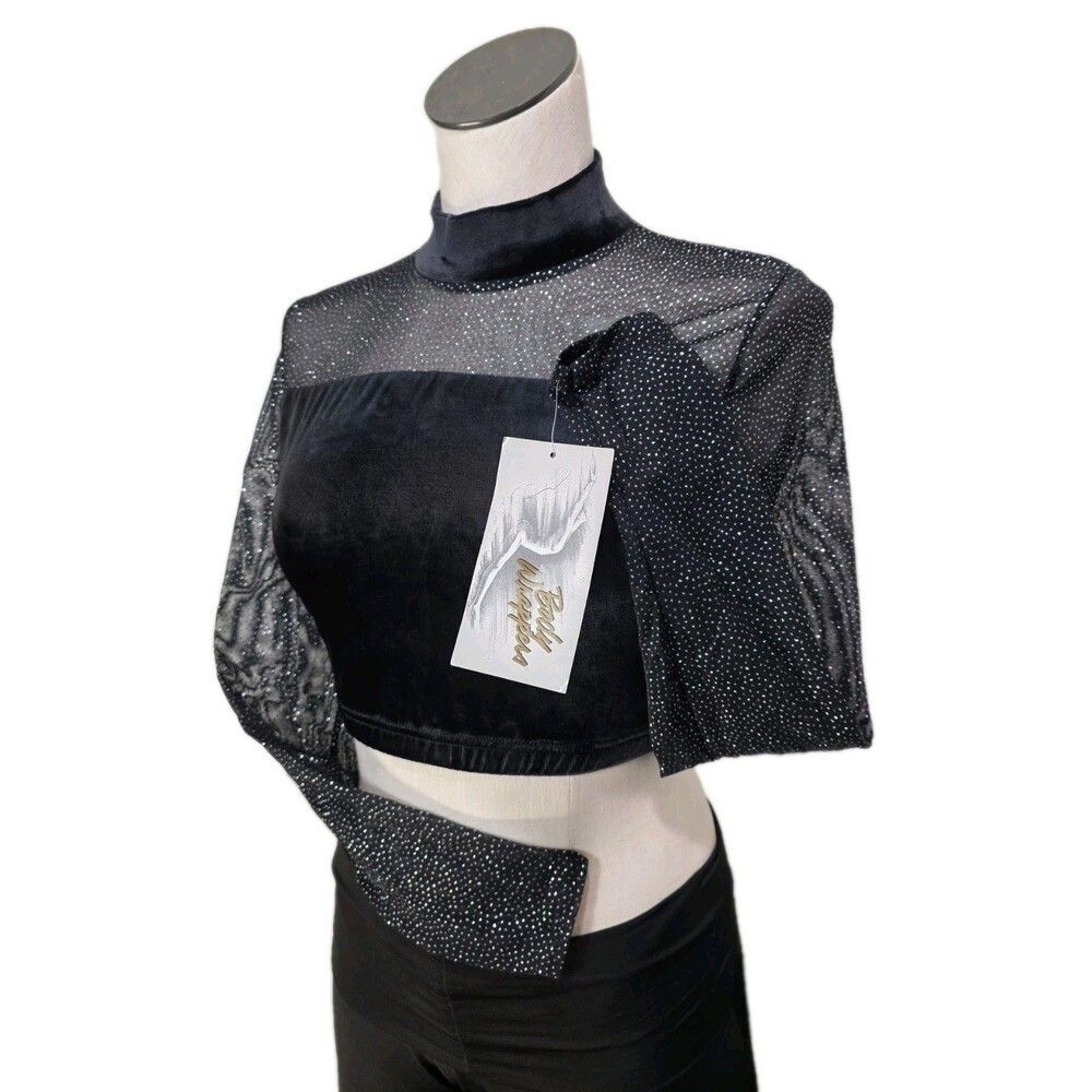 Body Wrappers VTG 90s Mesh Velvet Mock Neck Dance Midriff Glitter Top Adult L - Picture 11 of 16